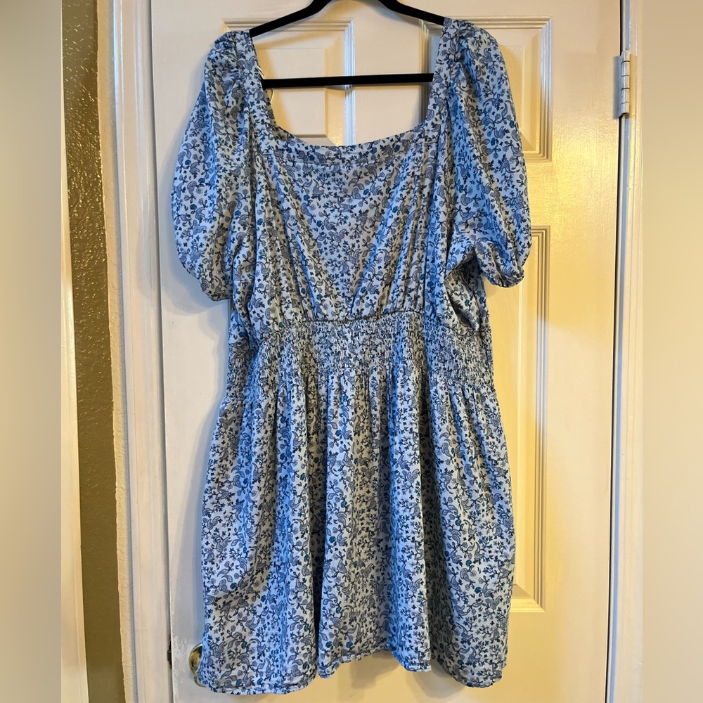 Blue Floral Puff-Sleeve Mini Dress